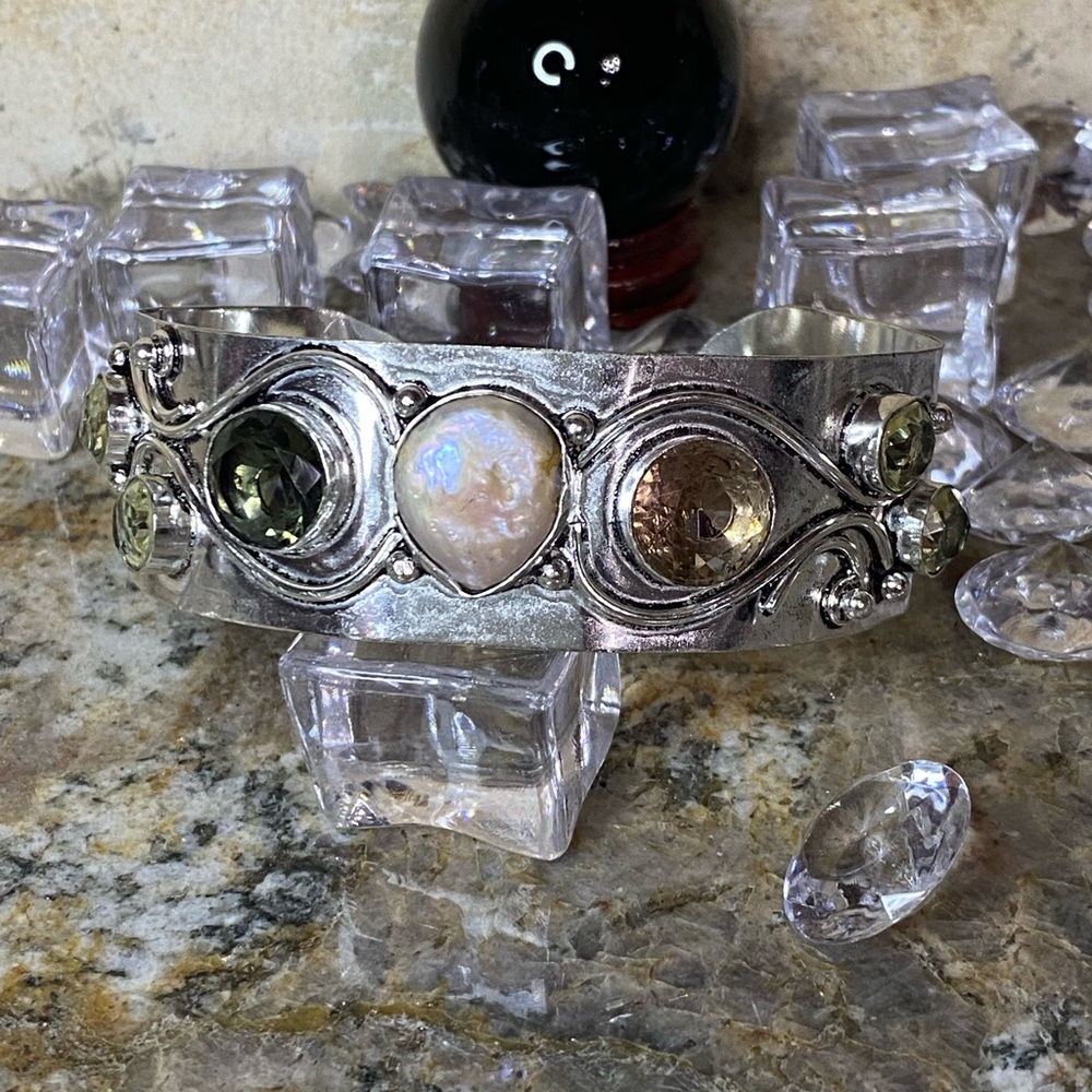Vintage Silver Pearl Citrine Morganite Onyx Bracelet